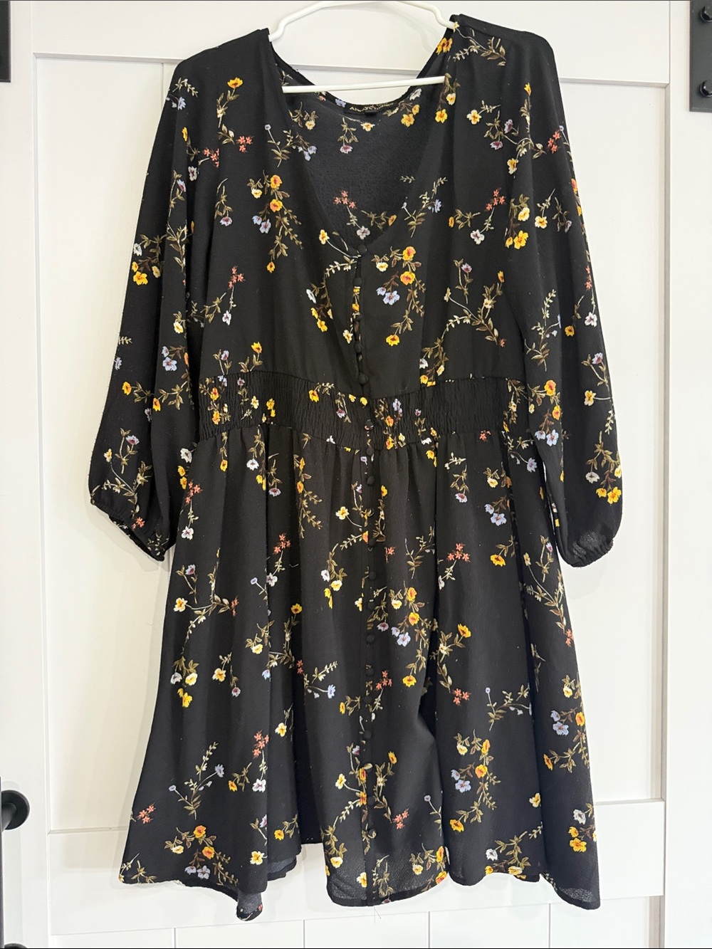 Black Floral Smocked Waist Midi Dress